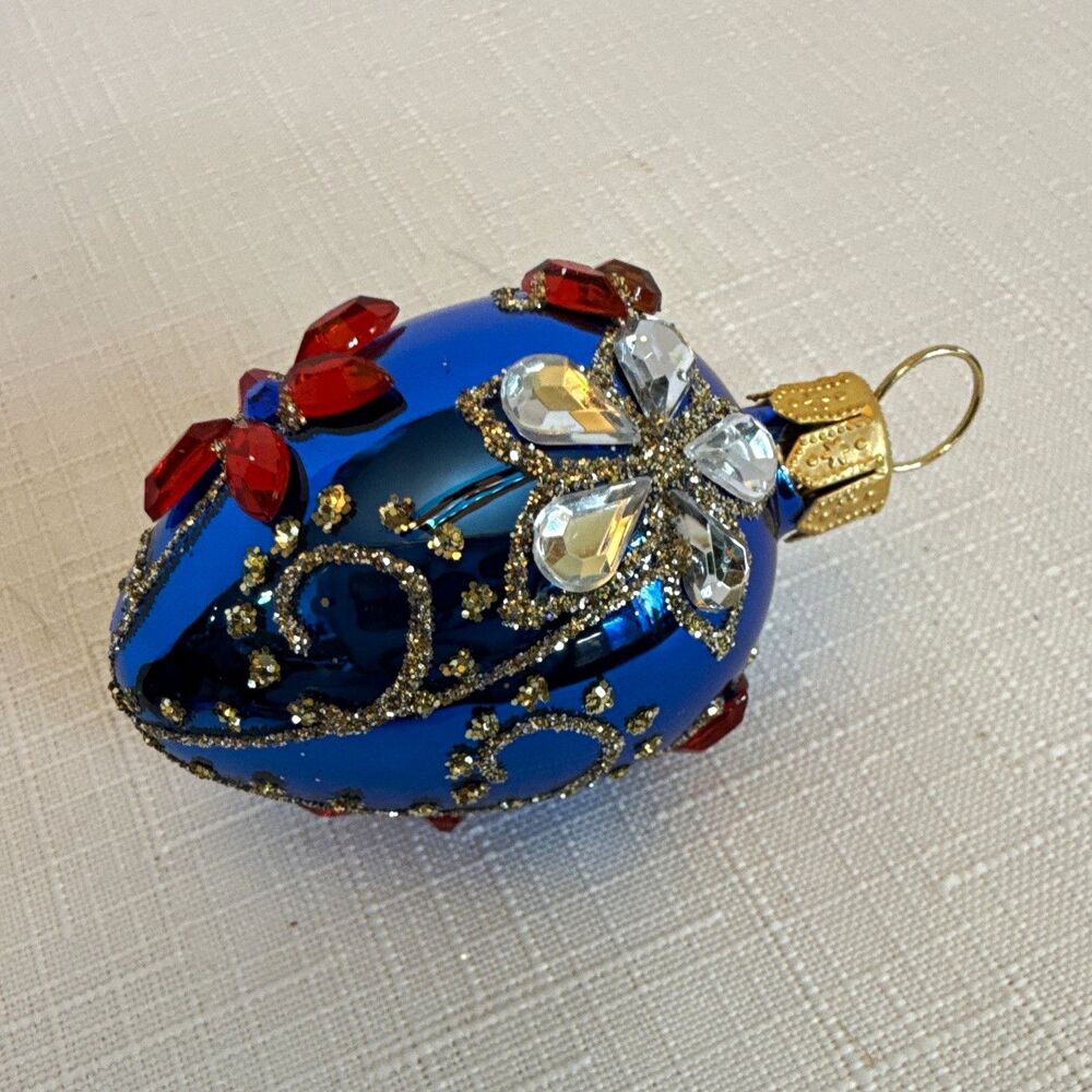 Vintage-Style Jeweled Glass Egg Christmas Ornament–Sapphire Blue, Red Rhinestone
